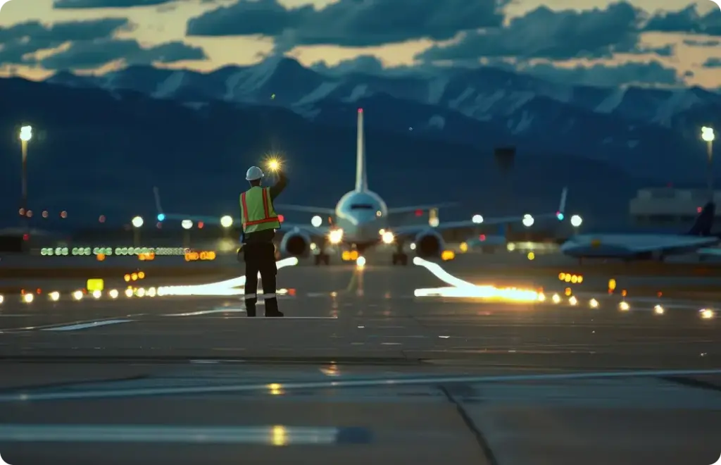 Airtraffic marshaller stands on runway and guides plane for takeoff