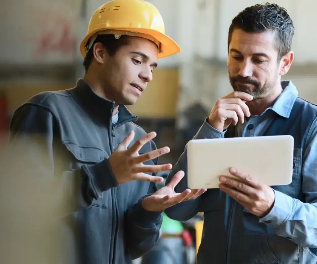 Two electricians discuss project plans on ipad