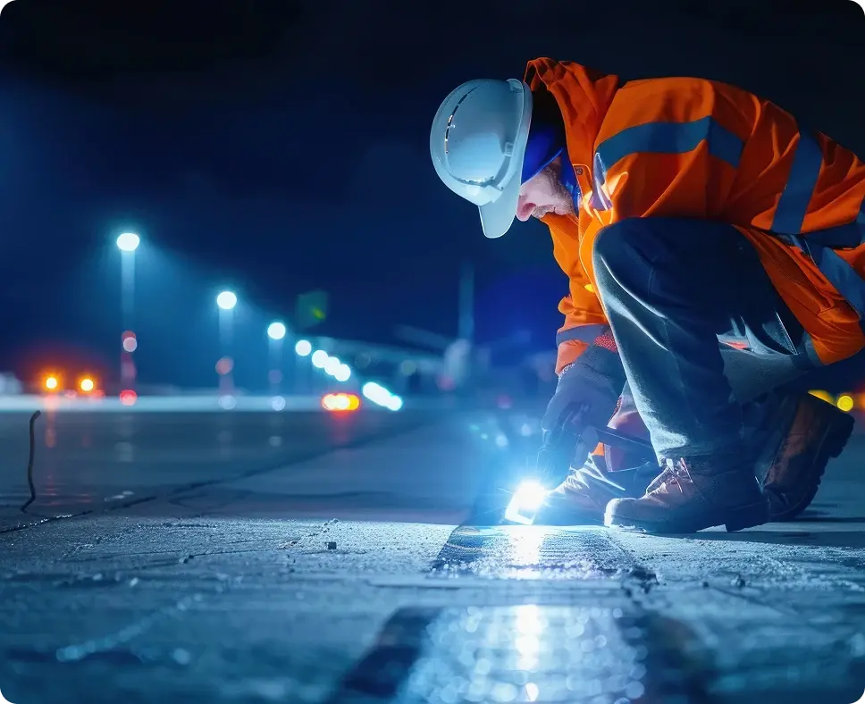 Man in orange protective gear installs electrical components on ground of airport runway