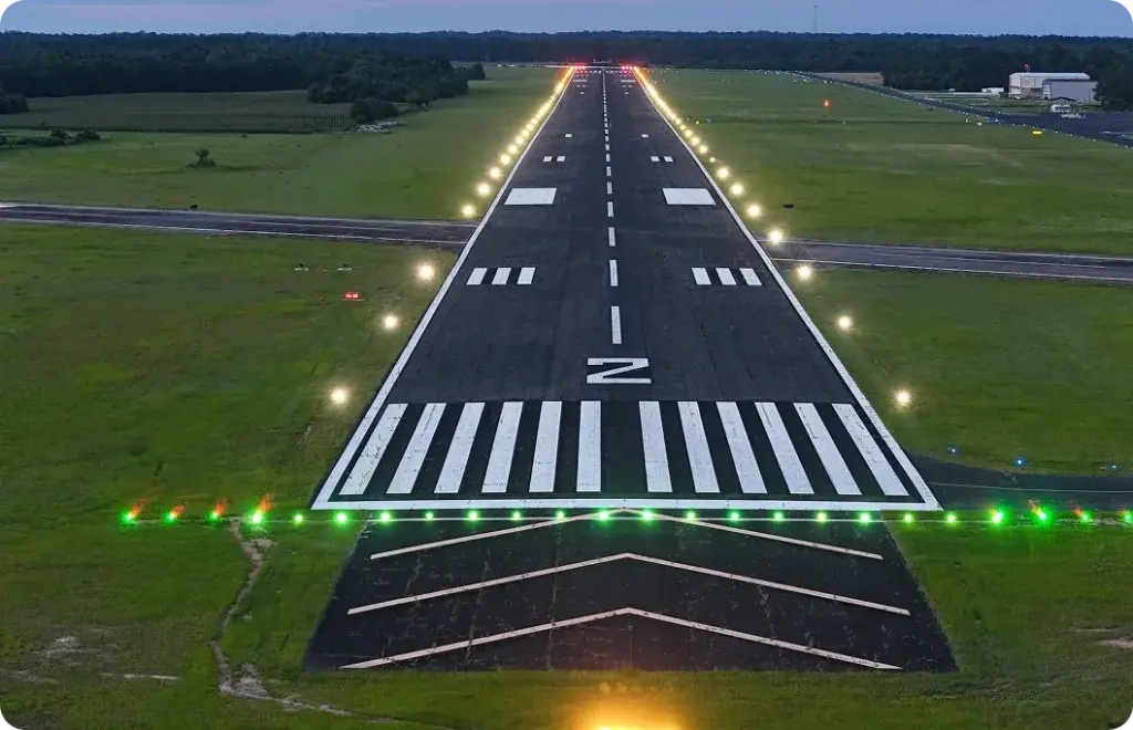 Airport runway with with lights along either side of the runways perimeter