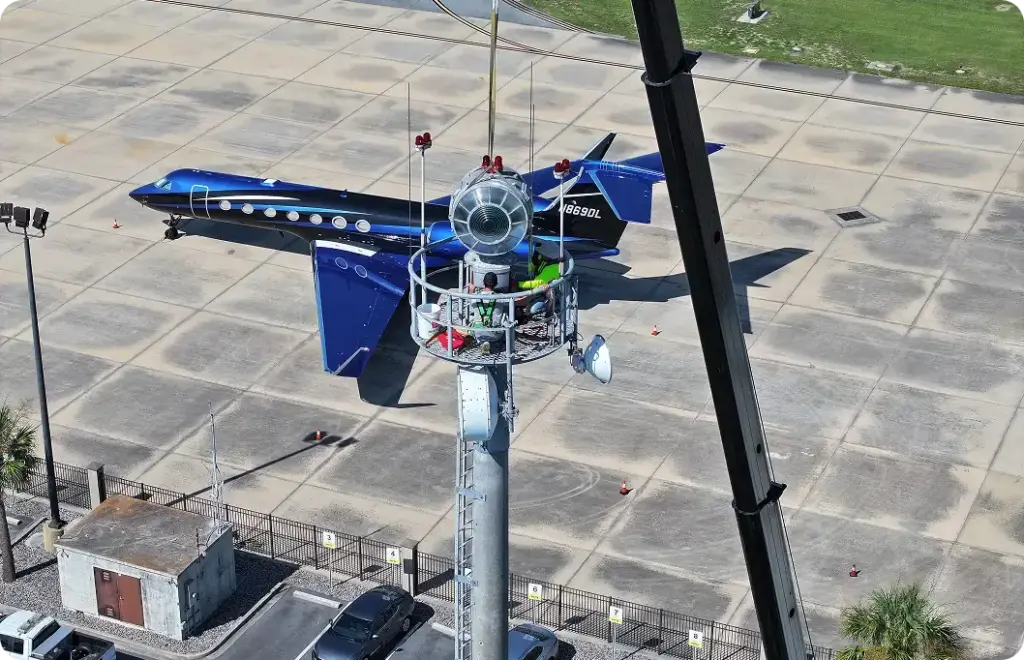 Blue airport on tarmac at airport
