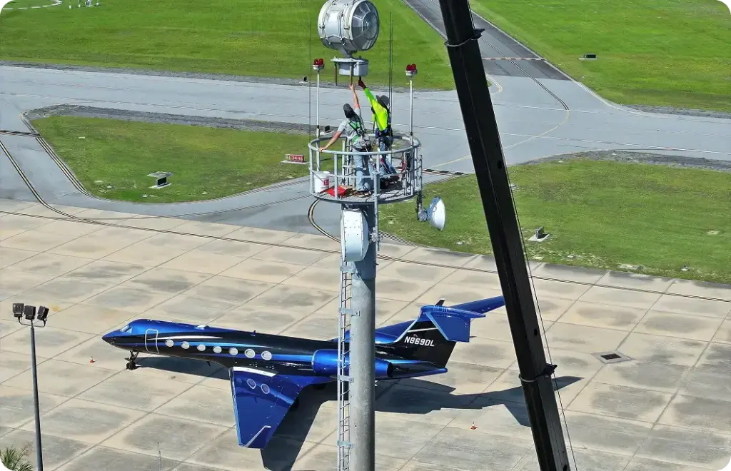 Two electricians adjust a tower on the tarmac at an airport